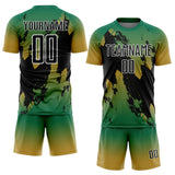 Custom Kelly Green Black Old Gold-White Gradient Splash Sublimation Soccer Uniform Jersey
