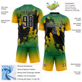 Custom Kelly Green Black Gold-White Gradient Splash Sublimation Soccer Uniform Jersey