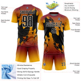 Custom Crimson Black Gold-White Gradient Splash Sublimation Soccer Uniform Jersey