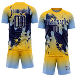 Custom Gold Navy Light Blue-White Gradient Splash Sublimation Soccer Uniform Jersey