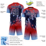 Custom Red Navy Light Blue-White Gradient Splash Sublimation Soccer Uniform Jersey