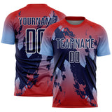 Custom Red Navy Light Blue-White Gradient Splash Sublimation Soccer Uniform Jersey