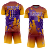 Custom Crimson Purple Gold-White Gradient Splash Sublimation Soccer Uniform Jersey