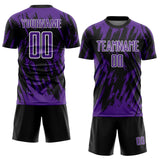 Custom Black Purple-White Splatter Torn Sharp Brush Stroke Sublimation Soccer Uniform Jersey
