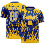 Custom Royal Yellow-White Splatter Torn Sharp Brush Stroke Sublimation Soccer Uniform Jersey
