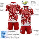 Custom Red-White Splatter Torn Sharp Brush Stroke Sublimation Soccer Uniform Jersey
