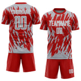 Custom Red Gray-White Splatter Torn Sharp Brush Stroke Sublimation Soccer Uniform Jersey