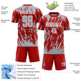 Custom Red Gray-White Splatter Torn Sharp Brush Stroke Sublimation Soccer Uniform Jersey