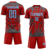 Custom Red Light Blue-Steel Gray Splatter Torn Sharp Brush Stroke Sublimation Soccer Uniform Jersey