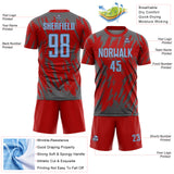 Custom Red Light Blue-Steel Gray Splatter Torn Sharp Brush Stroke Sublimation Soccer Uniform Jersey