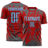 Custom Red Light Blue-Steel Gray Splatter Torn Sharp Brush Stroke Sublimation Soccer Uniform Jersey