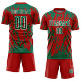Custom Red Kelly Green-White Splatter Torn Sharp Brush Stroke Sublimation Soccer Uniform Jersey