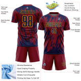 Custom Crimson Navy-Gold Splatter Torn Sharp Brush Stroke Sublimation Soccer Uniform Jersey