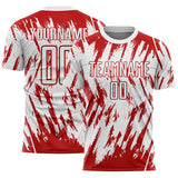 Custom White-Red Splatter Torn Sharp Brush Stroke Sublimation Soccer Uniform Jersey