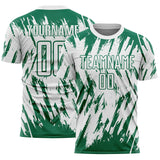 Custom White-Kelly Green Splatter Torn Sharp Brush Stroke Sublimation Soccer Uniform Jersey