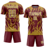 Custom Burgundy Old Gold-White Splatter Torn Sharp Brush Stroke Sublimation Soccer Uniform Jersey