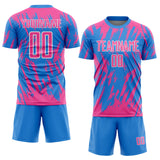 Custom Powder Blue Pink-White Splatter Torn Sharp Brush Stroke Sublimation Soccer Uniform Jersey