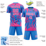 Custom Powder Blue Pink-White Splatter Torn Sharp Brush Stroke Sublimation Soccer Uniform Jersey