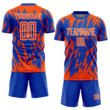 Custom Thunder Blue Orange-White Splatter Torn Sharp Brush Stroke Sublimation Soccer Uniform Jersey