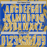 Custom Thunder Blue Old Gold-White Splatter Torn Sharp Brush Stroke Sublimation Soccer Uniform Jersey