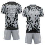 Custom Gray Black-White Splatter Torn Sharp Brush Stroke Sublimation Soccer Uniform Jersey