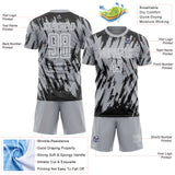 Custom Gray Black-White Splatter Torn Sharp Brush Stroke Sublimation Soccer Uniform Jersey