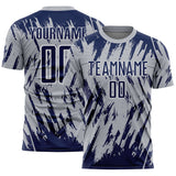 Custom Gray Navy-White Splatter Torn Sharp Brush Stroke Sublimation Soccer Uniform Jersey