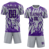 Custom Gray Purple-Black Splatter Torn Sharp Brush Stroke Sublimation Soccer Uniform Jersey