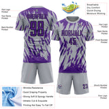 Custom Gray Purple-Black Splatter Torn Sharp Brush Stroke Sublimation Soccer Uniform Jersey