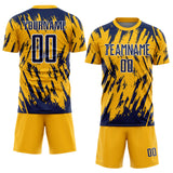 Custom Gold Navy-White Splatter Torn Sharp Brush Stroke Sublimation Soccer Uniform Jersey