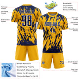 Custom Gold Navy-White Splatter Torn Sharp Brush Stroke Sublimation Soccer Uniform Jersey