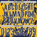 Custom Gold Navy-White Splatter Torn Sharp Brush Stroke Sublimation Soccer Uniform Jersey