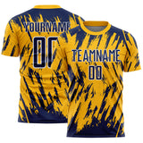 Custom Gold Navy-White Splatter Torn Sharp Brush Stroke Sublimation Soccer Uniform Jersey