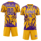Custom Gold Purple-White Splatter Torn Sharp Brush Stroke Sublimation Soccer Uniform Jersey