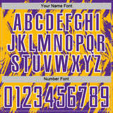 Custom Gold Purple-White Splatter Torn Sharp Brush Stroke Sublimation Soccer Uniform Jersey