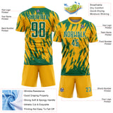 Custom Gold Kelly Green-White Splatter Torn Sharp Brush Stroke Sublimation Soccer Uniform Jersey