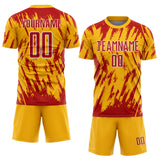 Custom Gold Red-White Splatter Torn Sharp Brush Stroke Sublimation Soccer Uniform Jersey