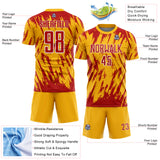 Custom Gold Red-White Splatter Torn Sharp Brush Stroke Sublimation Soccer Uniform Jersey