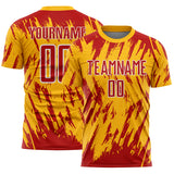 Custom Gold Red-White Splatter Torn Sharp Brush Stroke Sublimation Soccer Uniform Jersey
