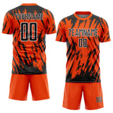 Custom Orange Black-White Splatter Torn Sharp Brush Stroke Sublimation Soccer Uniform Jersey
