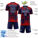 Custom Navy Red-White Splatter Torn Sharp Brush Stroke Sublimation Soccer Uniform Jersey