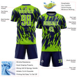 Custom Navy Neon Green-White Splatter Torn Sharp Brush Stroke Sublimation Soccer Uniform Jersey