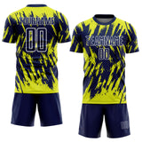 Custom Navy Neon Yellow-White Splatter Torn Sharp Brush Stroke Sublimation Soccer Uniform Jersey