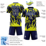 Custom Navy Neon Yellow-White Splatter Torn Sharp Brush Stroke Sublimation Soccer Uniform Jersey