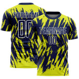 Custom Navy Neon Yellow-White Splatter Torn Sharp Brush Stroke Sublimation Soccer Uniform Jersey