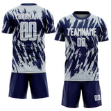 Custom Navy Silver-White Splatter Torn Sharp Brush Stroke Sublimation Soccer Uniform Jersey