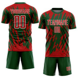 Custom Green Red-White Splatter Torn Sharp Brush Stroke Sublimation Soccer Uniform Jersey
