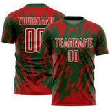 Custom Green Red-White Splatter Torn Sharp Brush Stroke Sublimation Soccer Uniform Jersey