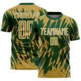 Custom Green Old Gold-White Splatter Torn Sharp Brush Stroke Sublimation Soccer Uniform Jersey