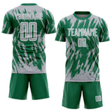 Custom Kelly Green Gray-White Splatter Torn Sharp Brush Stroke Sublimation Soccer Uniform Jersey